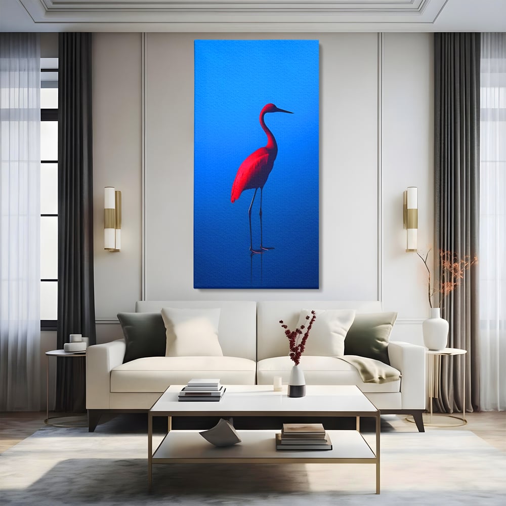 Tablou canvas cu tablou canvas cu pasare flamingo rosie, fara rama, pe sasiu de lemn, pe perete intr-un living